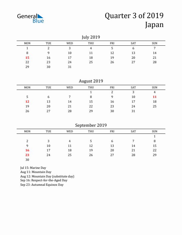 Quarter 3 2019 Japan Quarterly Calendar