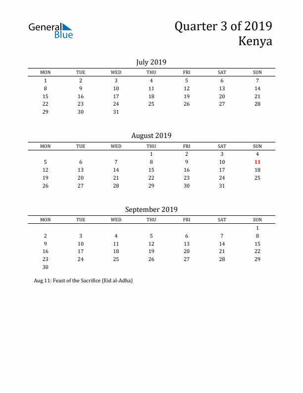 Quarter 3 2019 Kenya Quarterly Calendar