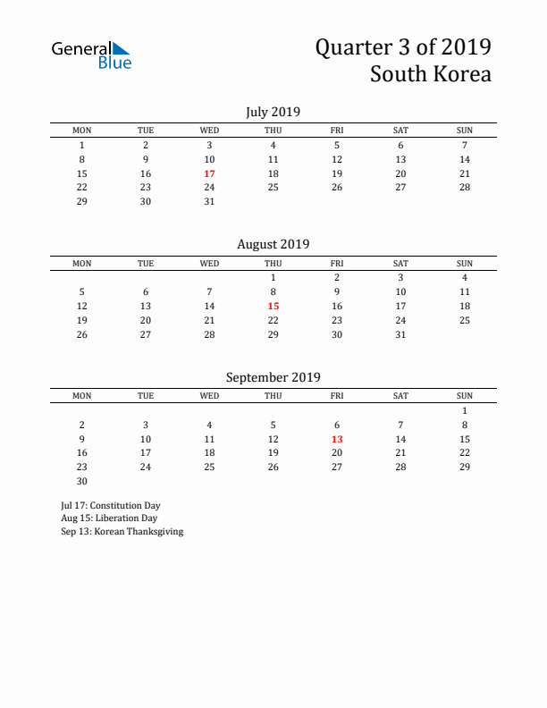 Quarter 3 2019 South Korea Quarterly Calendar