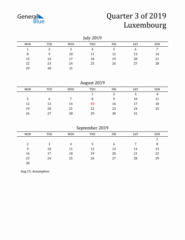 Quarter 3 2019 Luxembourg Quarterly Calendar