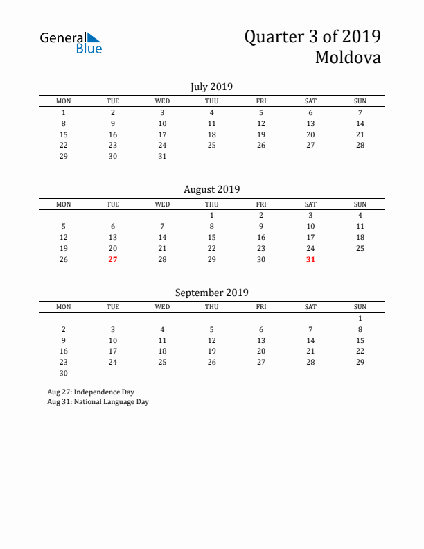 Quarter 3 2019 Moldova Quarterly Calendar