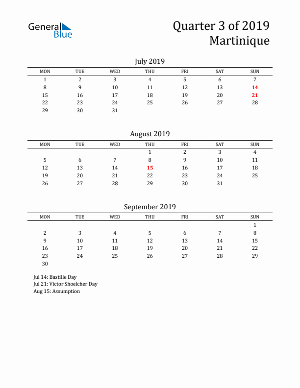 Quarter 3 2019 Martinique Quarterly Calendar