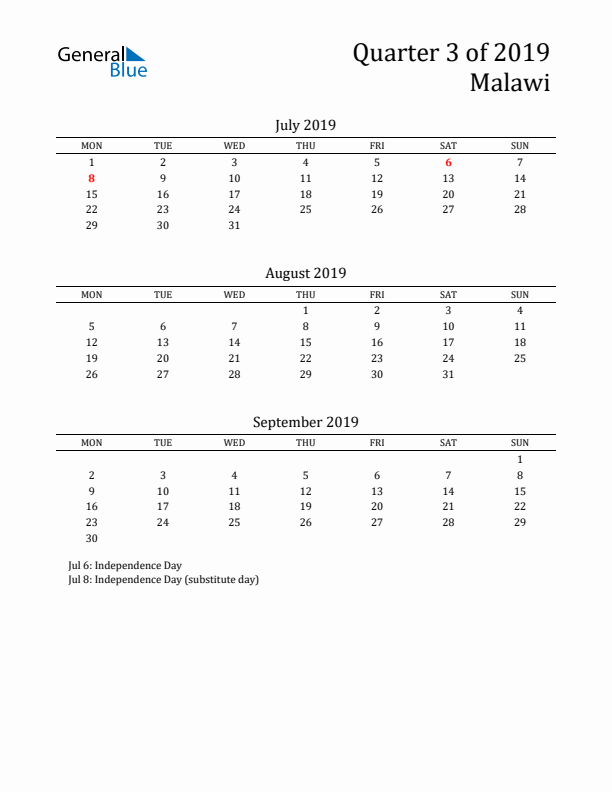 Quarter 3 2019 Malawi Quarterly Calendar