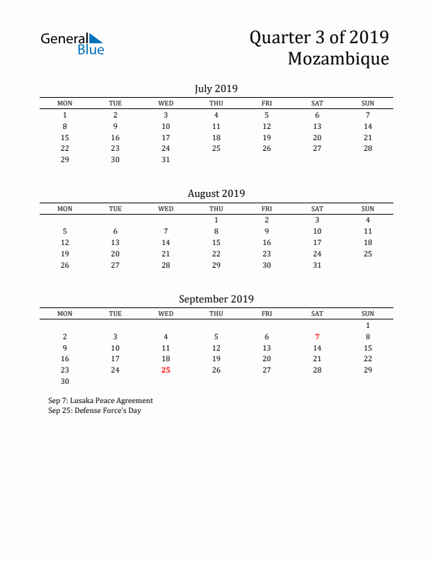 Quarter 3 2019 Mozambique Quarterly Calendar