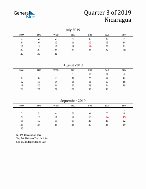 Quarter 3 2019 Nicaragua Quarterly Calendar