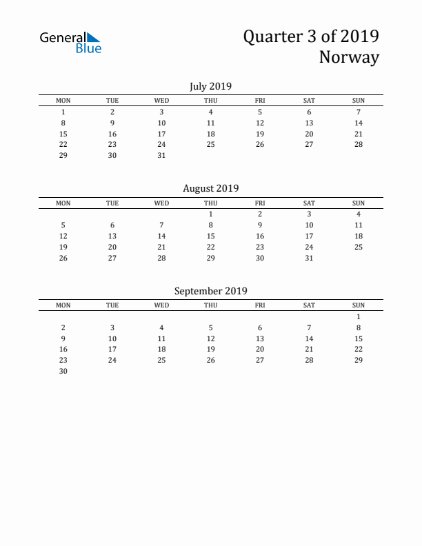 Quarter 3 2019 Norway Quarterly Calendar