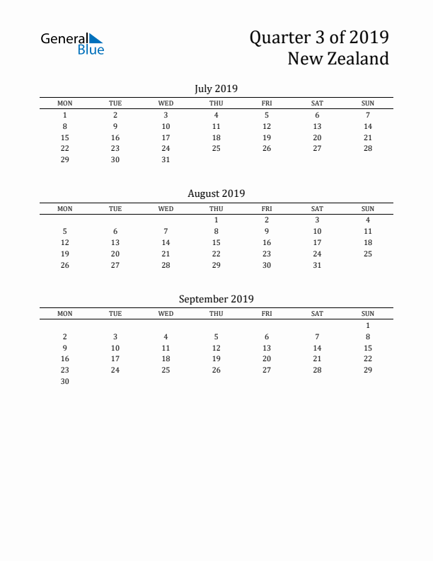 Quarter 3 2019 New Zealand Quarterly Calendar