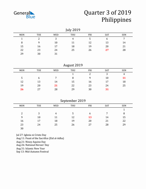 Quarter 3 2019 Philippines Quarterly Calendar