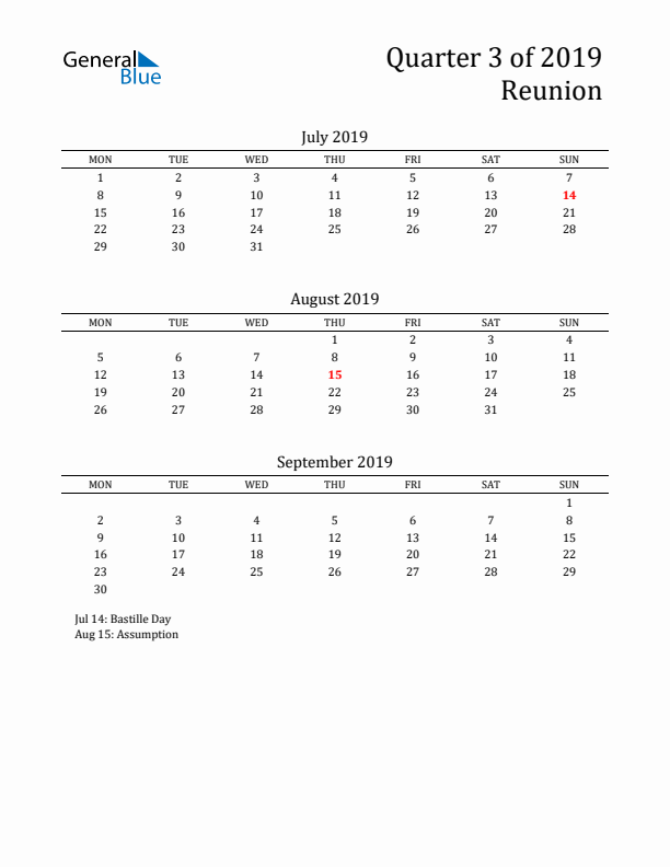 Quarter 3 2019 Reunion Quarterly Calendar