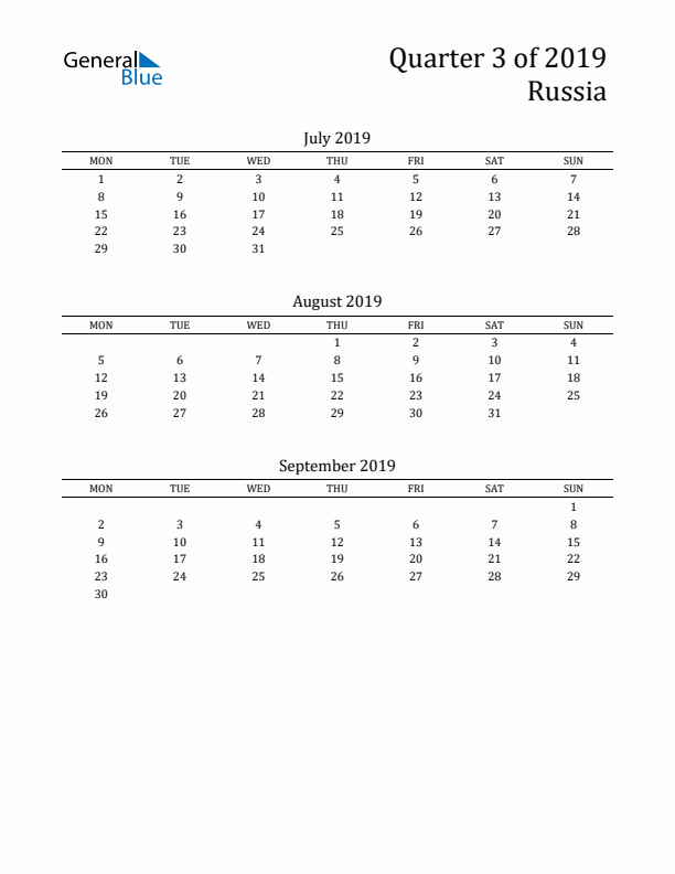 Quarter 3 2019 Russia Quarterly Calendar