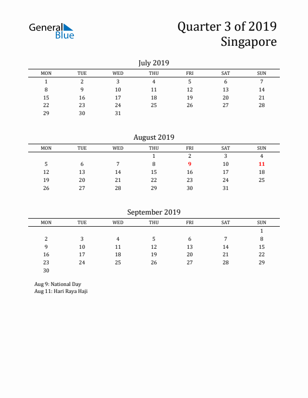 Quarter 3 2019 Singapore Quarterly Calendar