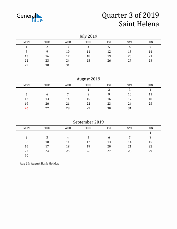 Quarter 3 2019 Saint Helena Quarterly Calendar