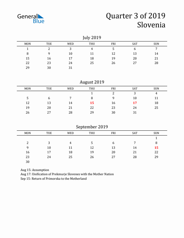 Quarter 3 2019 Slovenia Quarterly Calendar