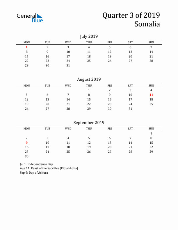 Quarter 3 2019 Somalia Quarterly Calendar