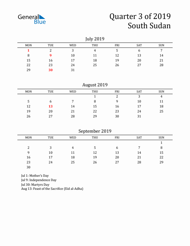 Quarter 3 2019 South Sudan Quarterly Calendar