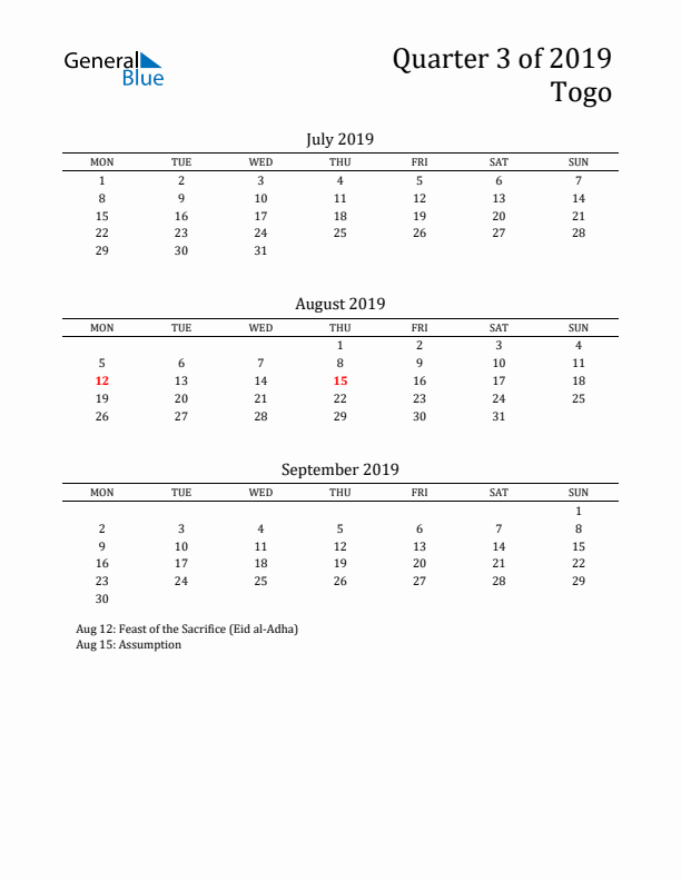 Quarter 3 2019 Togo Quarterly Calendar