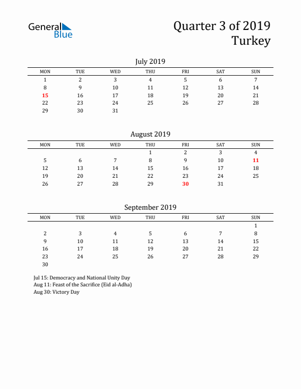 Quarter 3 2019 Turkey Quarterly Calendar