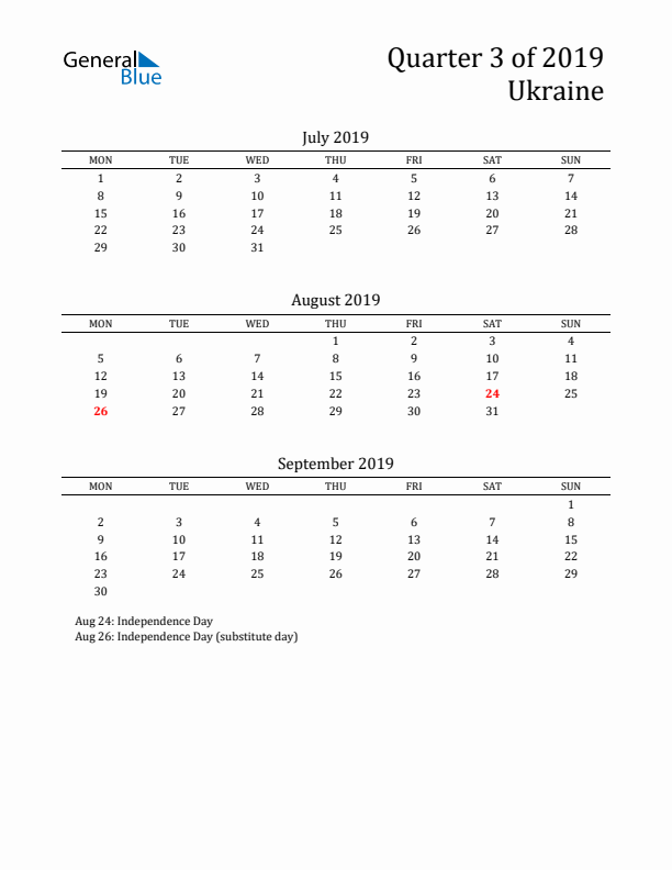 Quarter 3 2019 Ukraine Quarterly Calendar