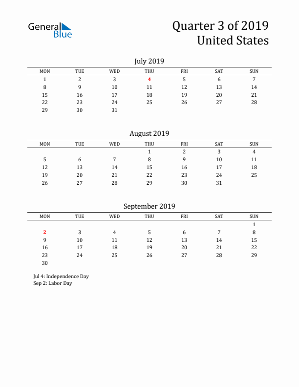 Quarter 3 2019 United States Quarterly Calendar