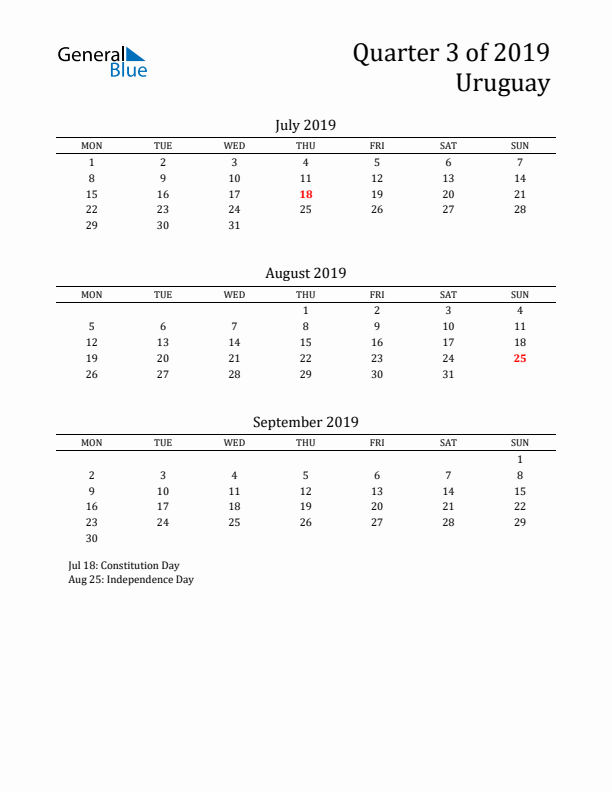 Quarter 3 2019 Uruguay Quarterly Calendar