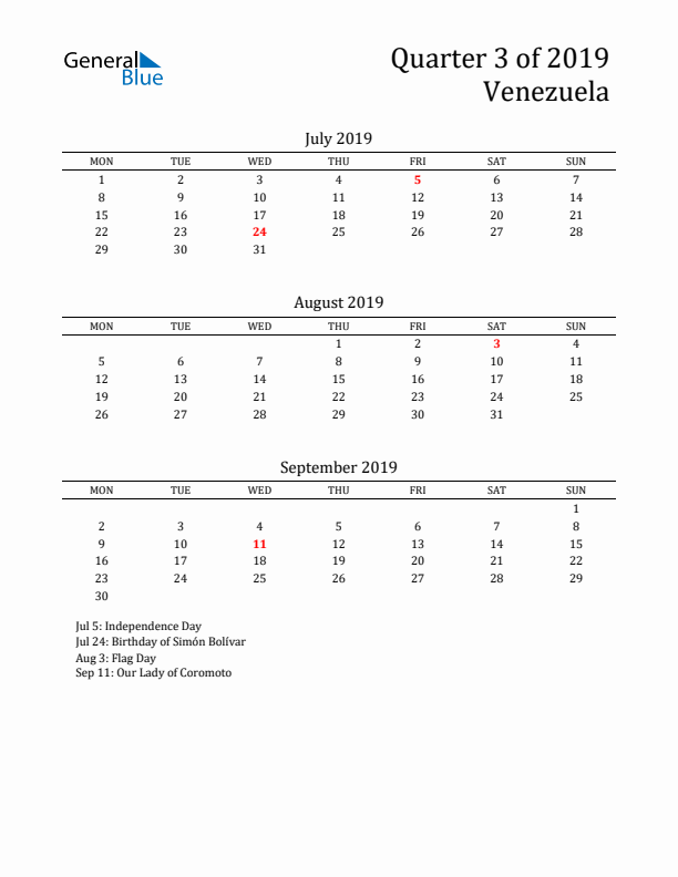 Quarter 3 2019 Venezuela Quarterly Calendar