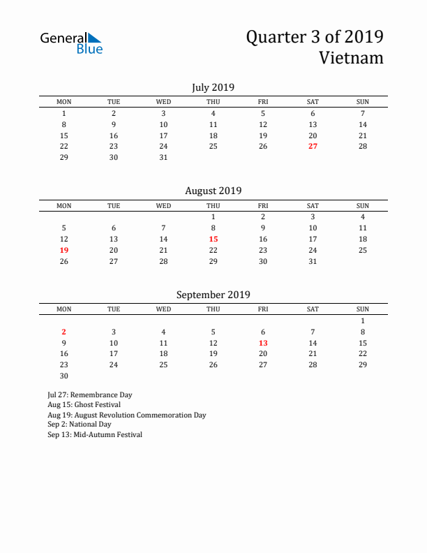 Quarter 3 2019 Vietnam Quarterly Calendar