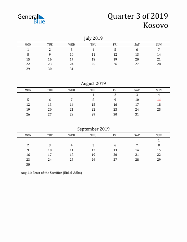 Quarter 3 2019 Kosovo Quarterly Calendar