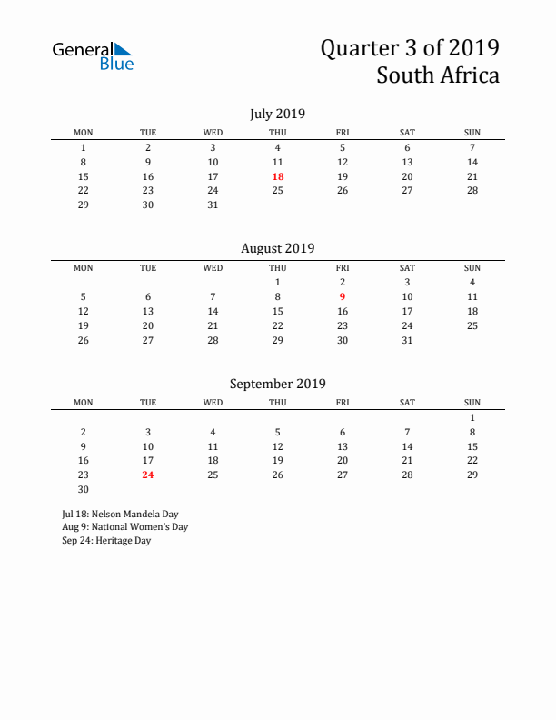 Quarter 3 2019 South Africa Quarterly Calendar