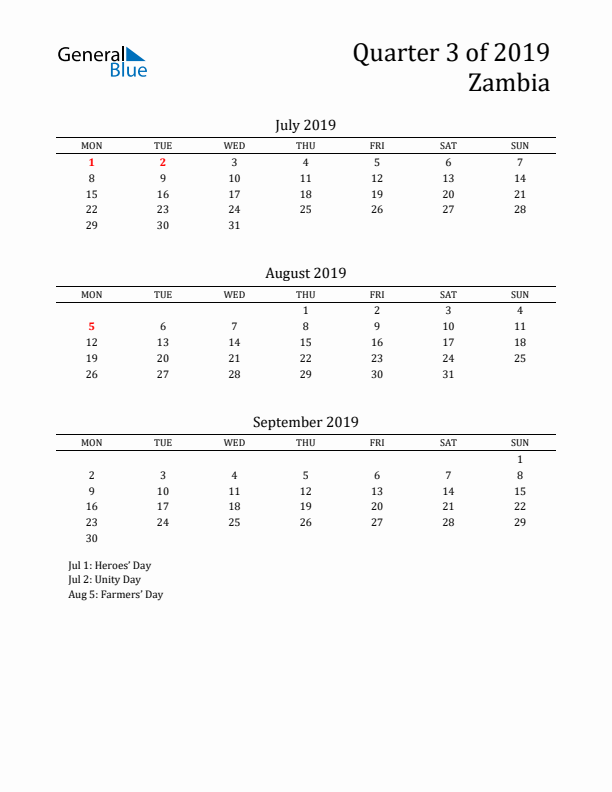 Quarter 3 2019 Zambia Quarterly Calendar