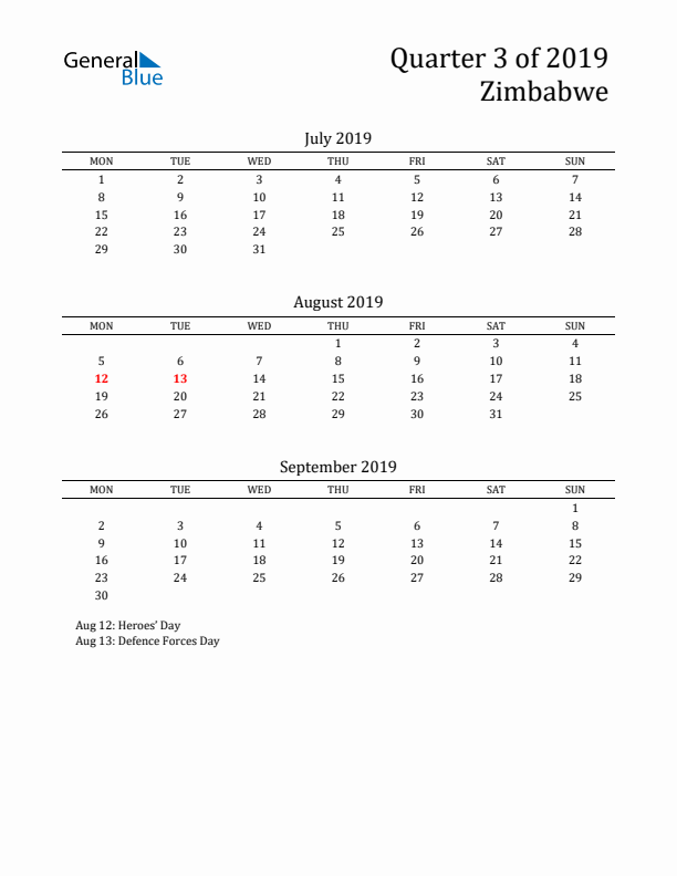 Quarter 3 2019 Zimbabwe Quarterly Calendar