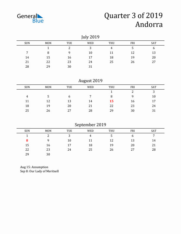 Quarter 3 2019 Andorra Quarterly Calendar