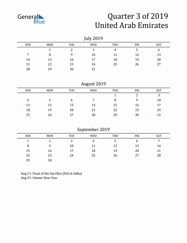 Quarter 3 2019 United Arab Emirates Quarterly Calendar