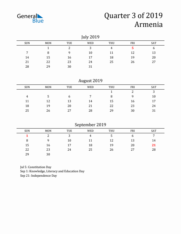 Quarter 3 2019 Armenia Quarterly Calendar