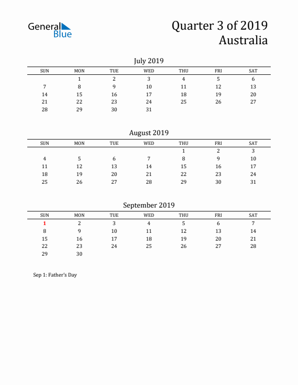 Quarter 3 2019 Australia Quarterly Calendar