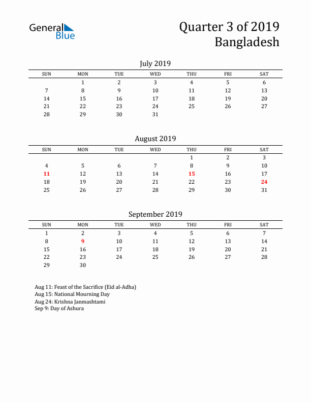 Quarter 3 2019 Bangladesh Quarterly Calendar