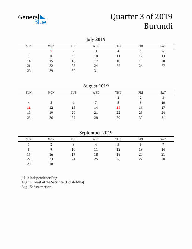 Quarter 3 2019 Burundi Quarterly Calendar