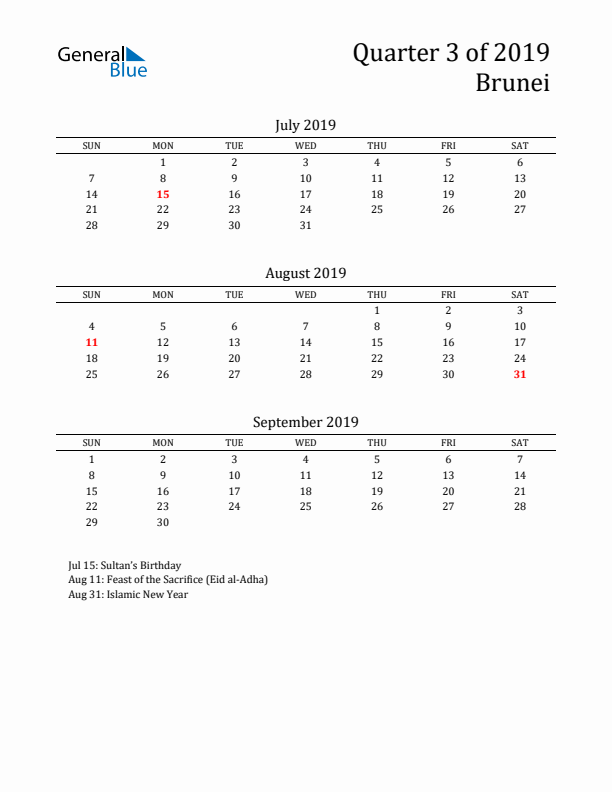 Quarter 3 2019 Brunei Quarterly Calendar