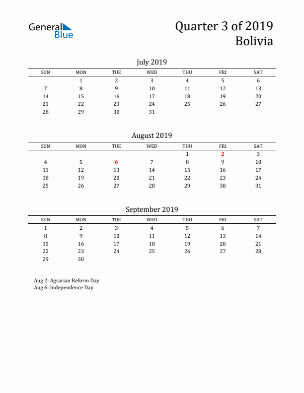 Quarter 3 2019 Bolivia Quarterly Calendar