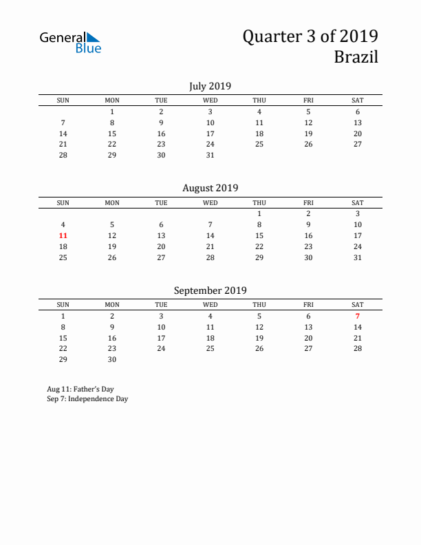 Quarter 3 2019 Brazil Quarterly Calendar