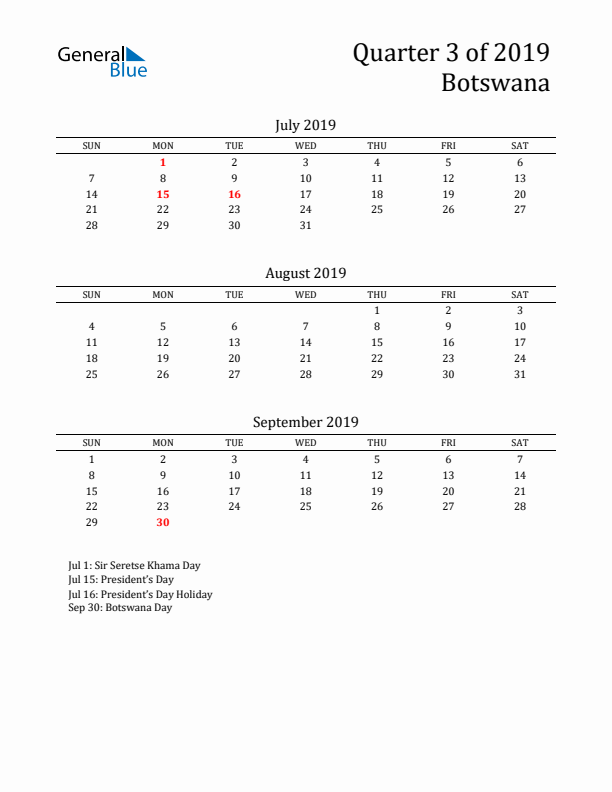 Quarter 3 2019 Botswana Quarterly Calendar