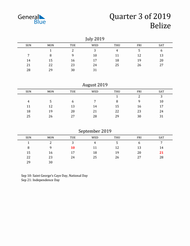 Quarter 3 2019 Belize Quarterly Calendar