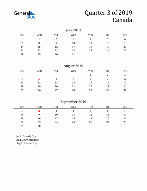 Quarter 3 2019 Canada Quarterly Calendar