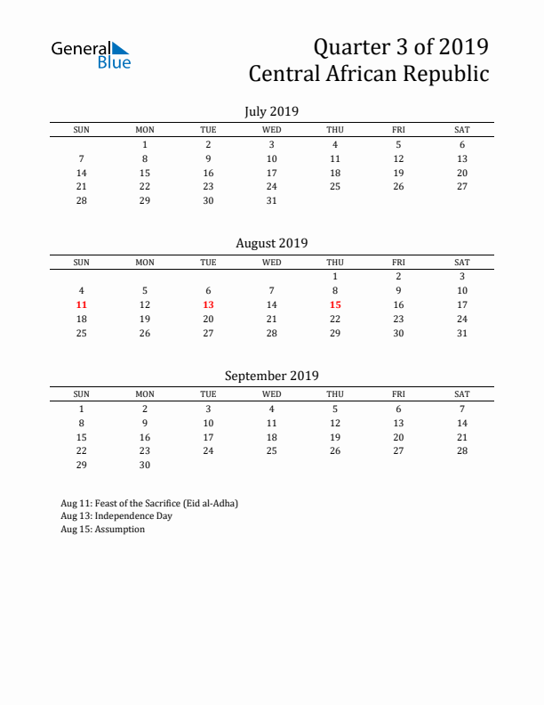 Quarter 3 2019 Central African Republic Quarterly Calendar