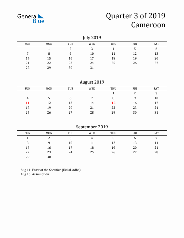 Quarter 3 2019 Cameroon Quarterly Calendar