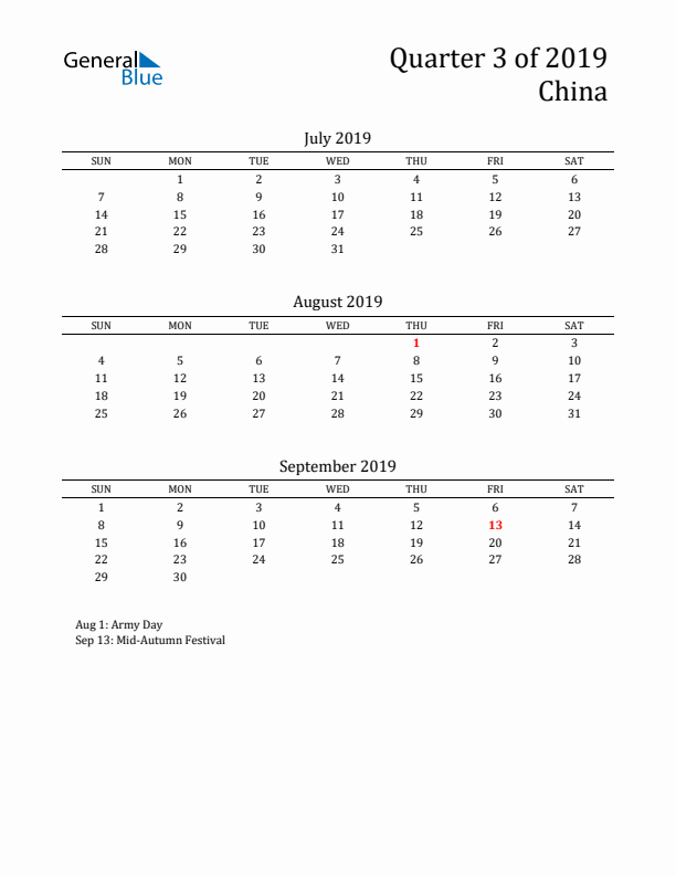 Quarter 3 2019 China Quarterly Calendar