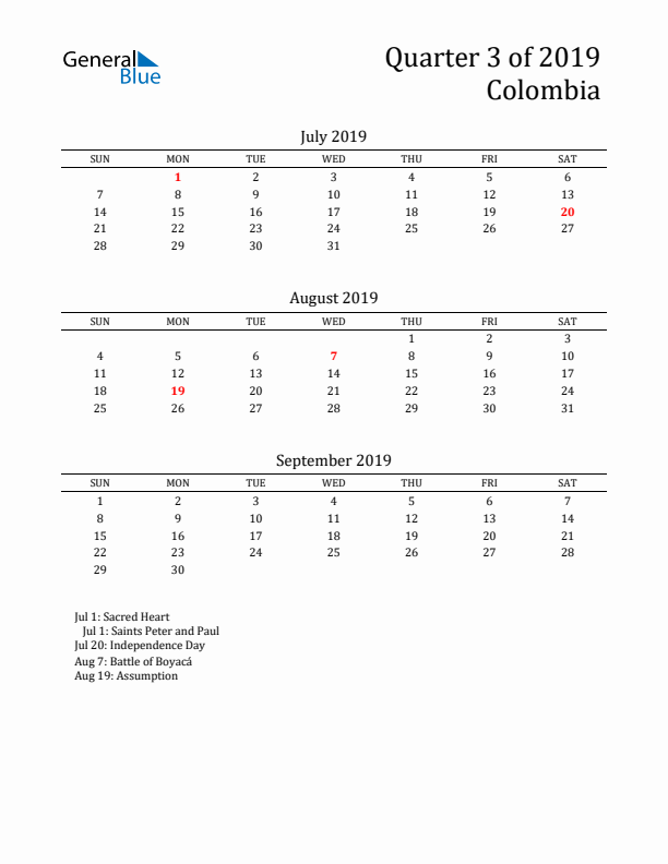 Quarter 3 2019 Colombia Quarterly Calendar