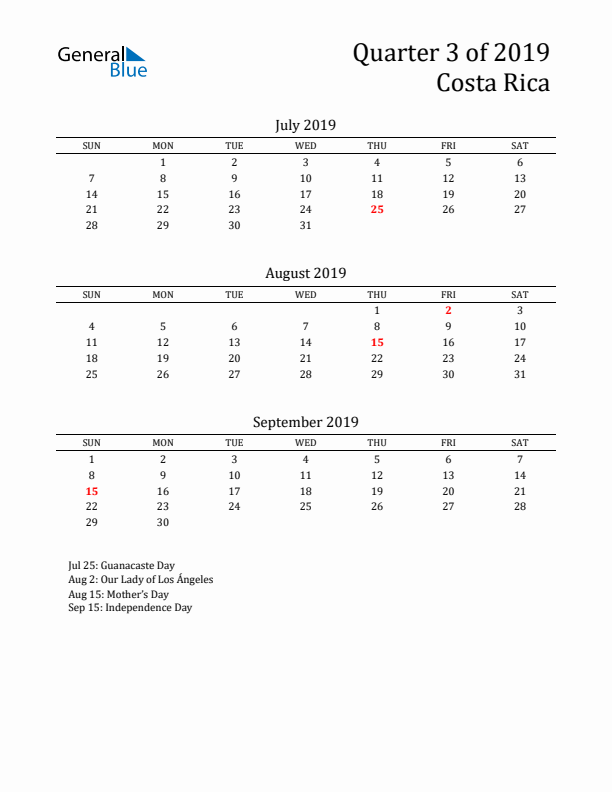 Quarter 3 2019 Costa Rica Quarterly Calendar