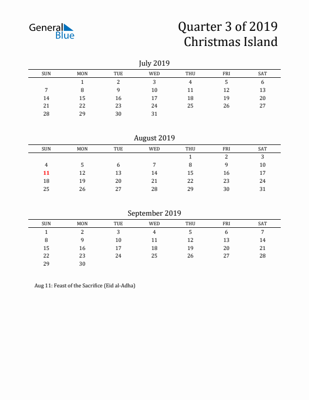 Quarter 3 2019 Christmas Island Quarterly Calendar