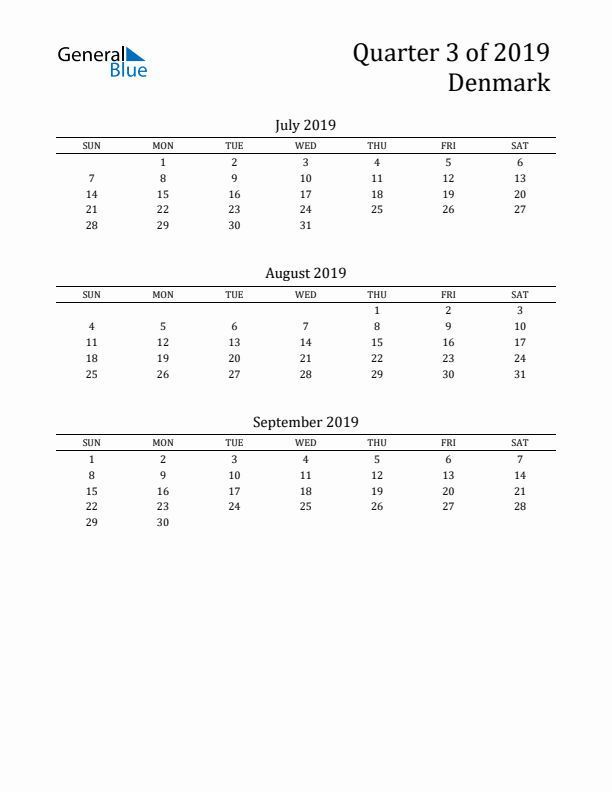 Quarter 3 2019 Denmark Quarterly Calendar