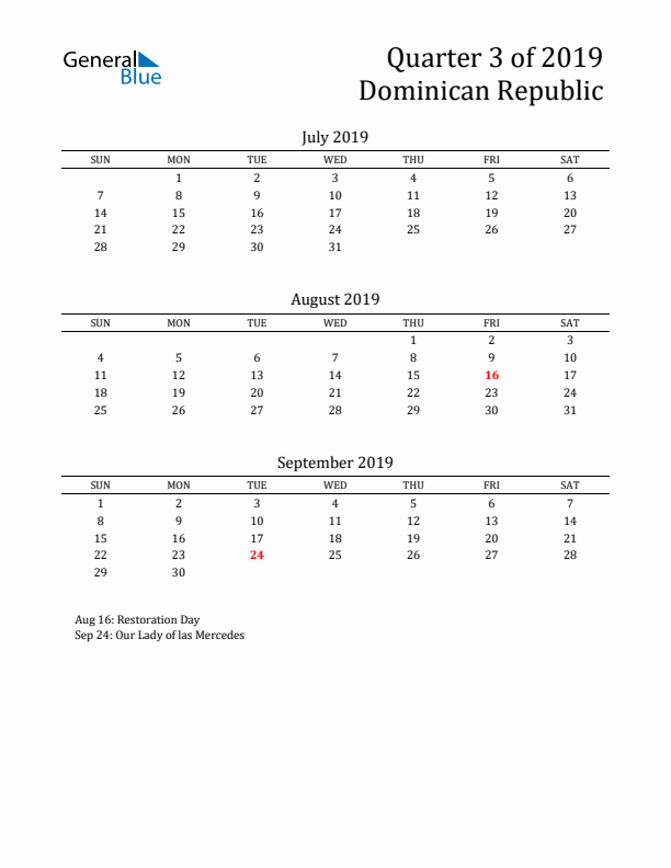 Quarter 3 2019 Dominican Republic Quarterly Calendar